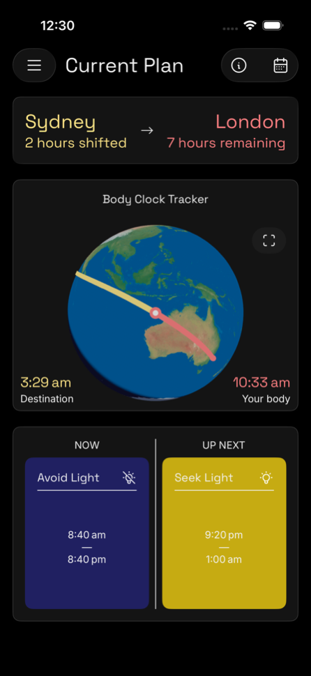 The Jetlag Fix current plan screen showing a Sydney to London trip, a body clock tracker, and the current guidance to avoid light